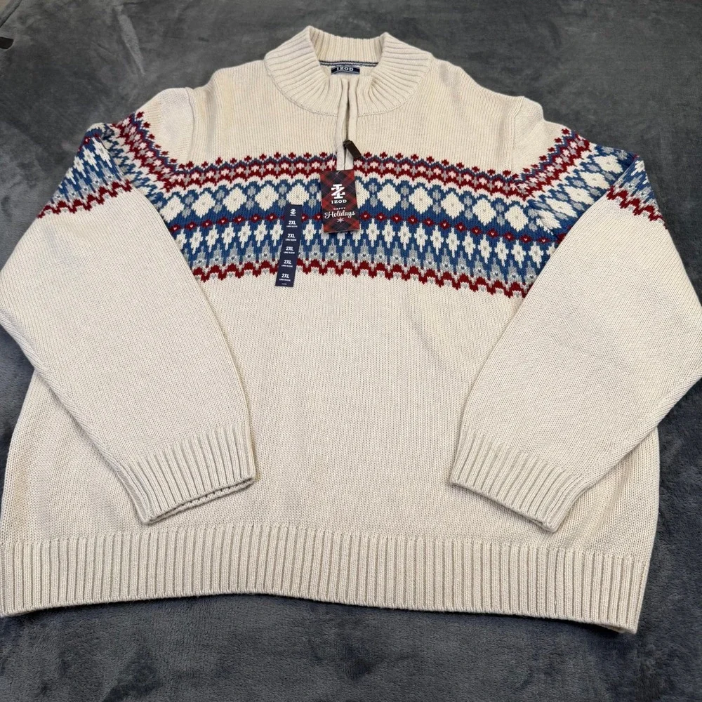 IZOD Fair Isle Quarter Zip Sweater Mens 2XB Big Cream Knit Holiday NWT